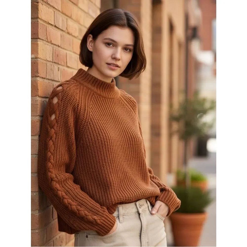 GUESS￼ Women NEW Brown Tan Chunky Knit Lace-Up Sleeve Sweater Large